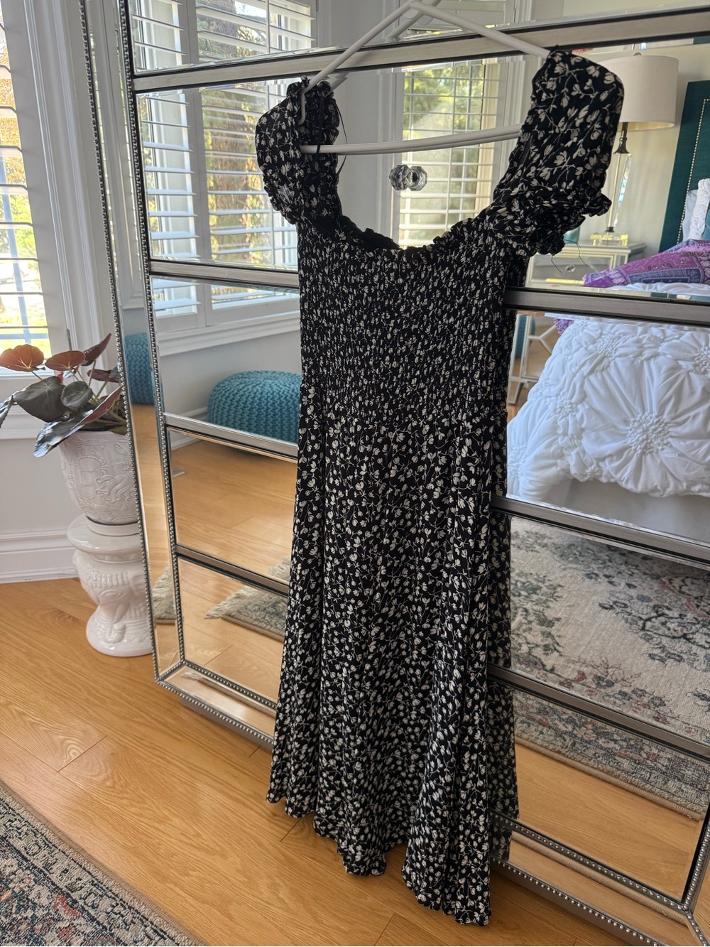 Reformation Black and White Floral Smocked Midi Dress